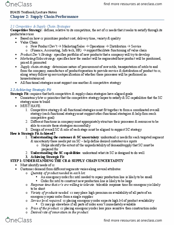 BU435 Chapter Notes - Chapter 2: Supply Chain, Service Level, Efficient Frontier thumbnail