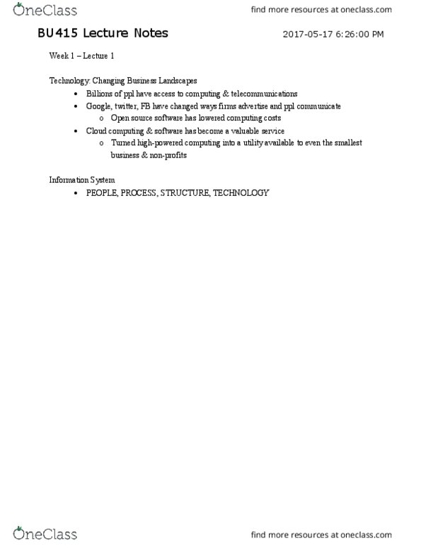 BU415 Chapter Notes - Chapter 3-14: Open-Source Software, Cloud Computing, Utility Computing thumbnail