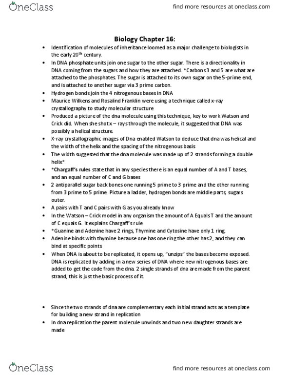 BIOL 1000 Chapter Notes - Chapter 16: X-Ray Crystallography, Complementary Dna, Thymine thumbnail