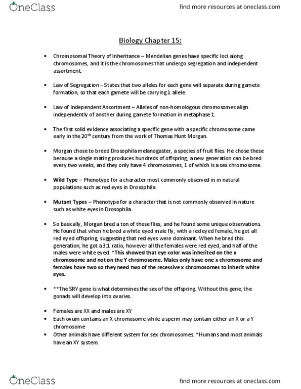 BIOL 1000 Chapter Notes - Chapter 15: Thomas Hunt Morgan, Y Chromosome, Wild Type thumbnail