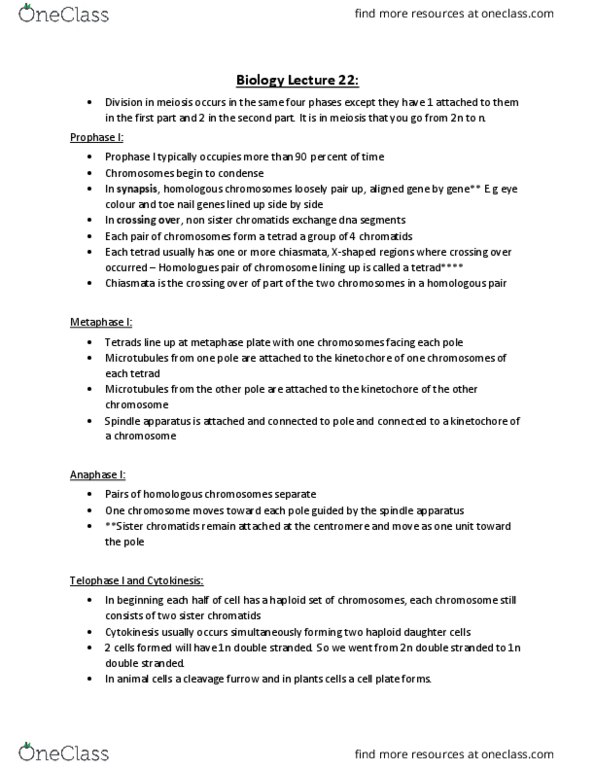 BIOL 1000 Lecture Notes - Lecture 22: Sister Chromatids, Spindle Apparatus, Cleavage Furrow thumbnail