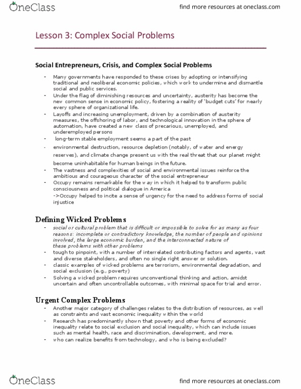 SE200 Lecture Notes - Lecture 3: Wicked Problem, Resource Depletion, Social Inequality thumbnail