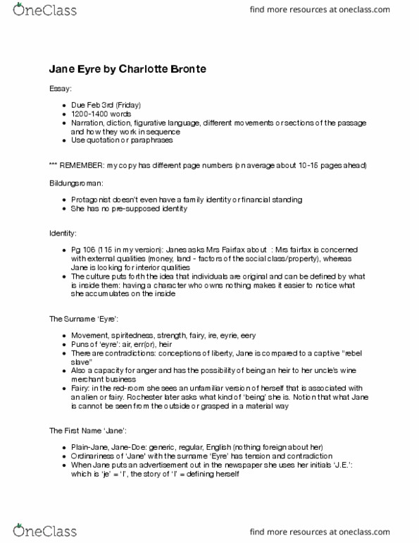 ENGL 2103 Lecture Notes - Lecture 3: Charlotte Brontë, Bildungsroman, Charity School thumbnail