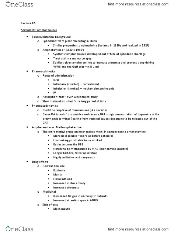 NROSCI 0081 Lecture Notes - Lecture 20: Monoamine Oxidase, Meth Mouth, Ephedra thumbnail