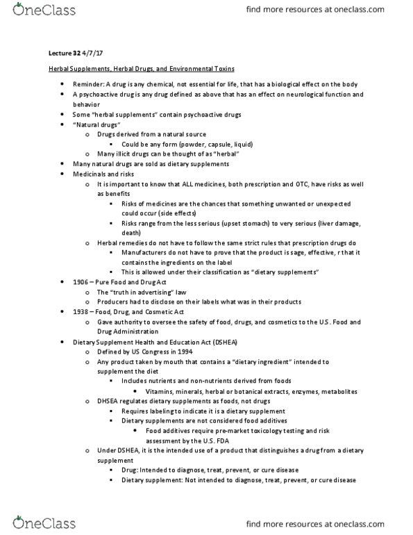 NROSCI 0081 Lecture Notes - Lecture 32: Dietary Supplement, Herbalism, Dietary Supplement Health And Education Act Of 1994 thumbnail