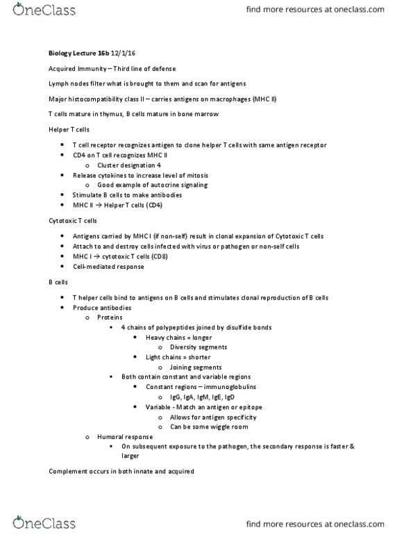 BIOSC 0715 Lecture Notes - Lecture 19: T Helper Cell, Mhc Class Ii, Mhc Class I thumbnail