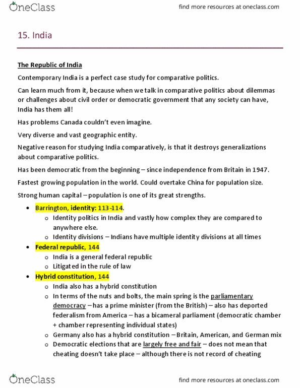 POLI 220 Lecture Notes - Lecture 21: Federal Republic, Comparative Politics, Identity Politics thumbnail