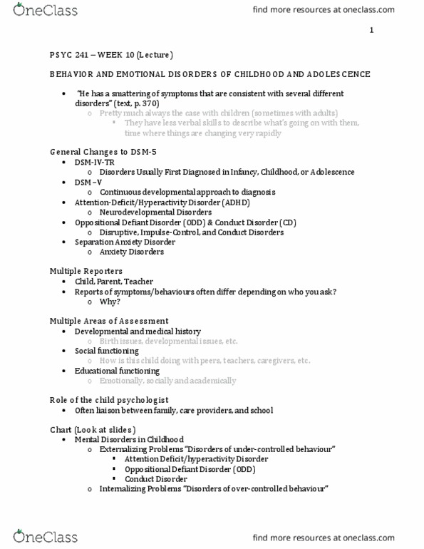 PSYC 241 Lecture Notes - Lecture 10: Oppositional Defiant Disorder, Separation Anxiety Disorder, Anxiety Disorder thumbnail