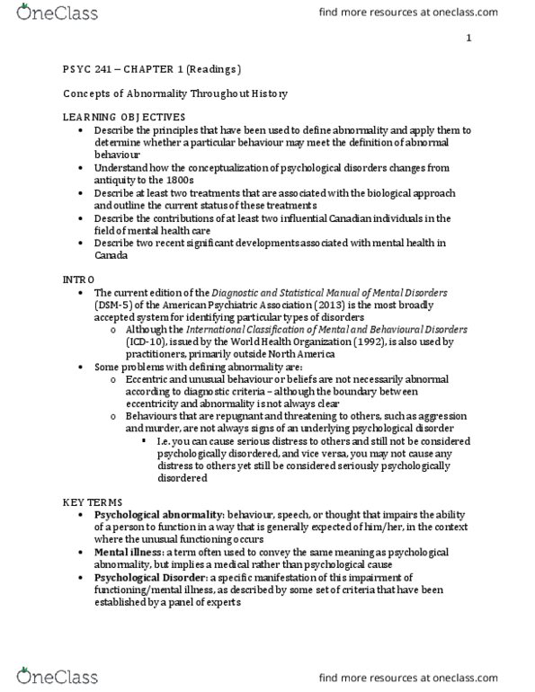 PSYC 241 Chapter Notes - Chapter 1: American Psychiatric Association, World Health Organization, Personal Distress thumbnail