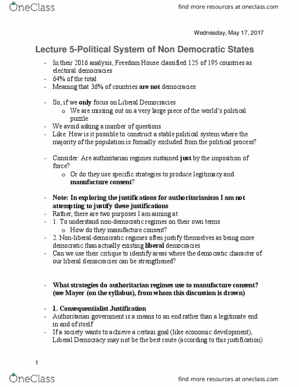 POLSCI 1AB3 Lecture Notes - Lecture 5: Liberal Democracy, Authoritarianism thumbnail