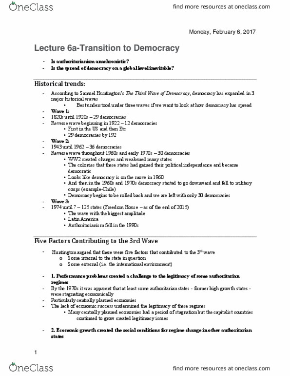 POLSCI 1AB3 Lecture Notes - Lecture 6: Planned Economy, Authoritarianism, Modernization Theory thumbnail