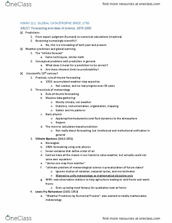 HSHM 211 Lecture Notes - Lecture 10: World War I, Lewis Fry Richardson, Partial Differential Equation thumbnail