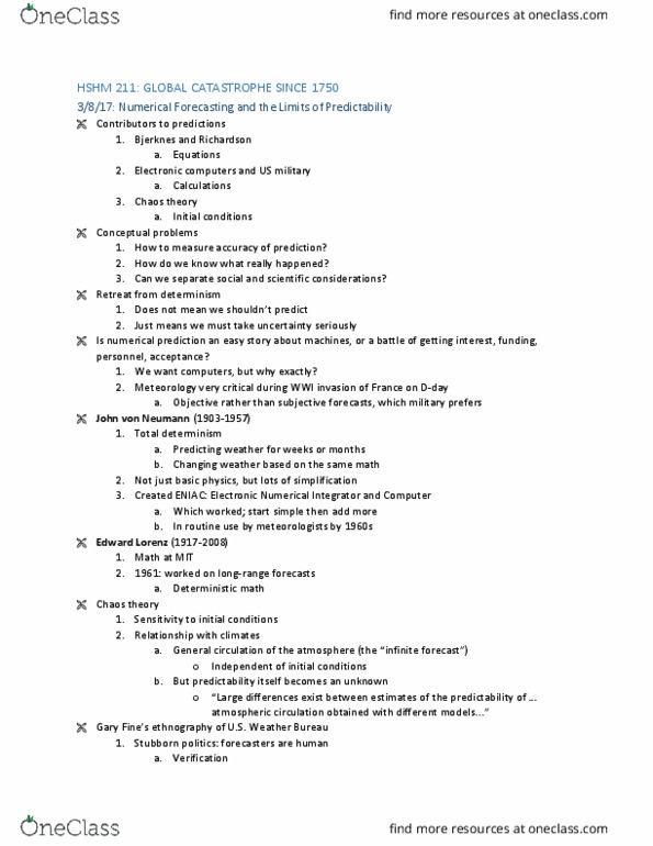 HSHM 211 Lecture Notes - Lecture 11: Edward Norton Lorenz, Chaos Theory, Eniac thumbnail