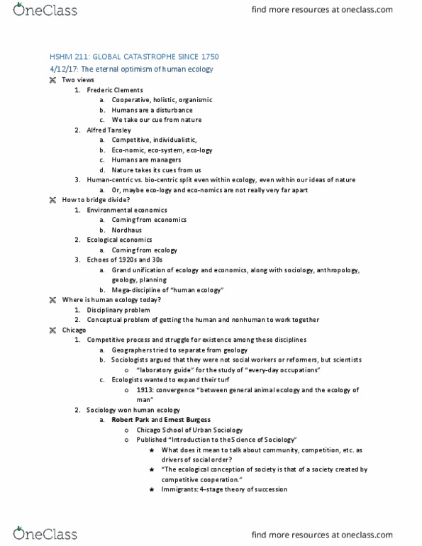 HSHM 211 Lecture Notes - Lecture 17: Frederic Clements, Ernest Burgess, Human Ecology thumbnail