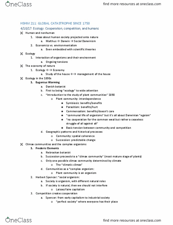 HSHM 211 Lecture Notes - Lecture 16: Frederic Clements, Eugenius Warming, Climax Community thumbnail