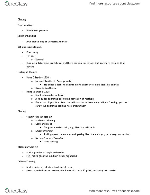 SCIE 1P51 Lecture Notes - Lecture 1: Hans Driesch, Hans Spemann, Somatic Cell Nuclear Transfer thumbnail