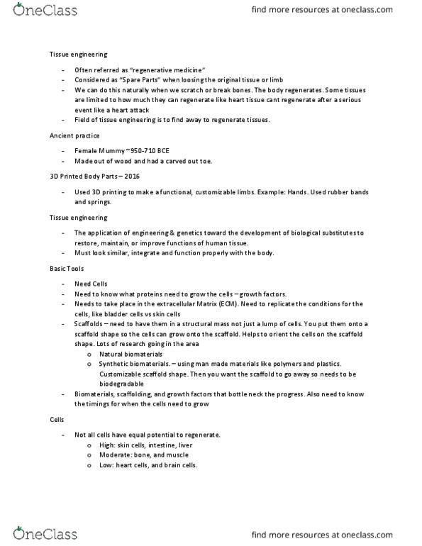 SCIE 1P51 Lecture Notes - Lecture 5: Tissue Engineering, Biomaterial, Adult Stem Cell thumbnail