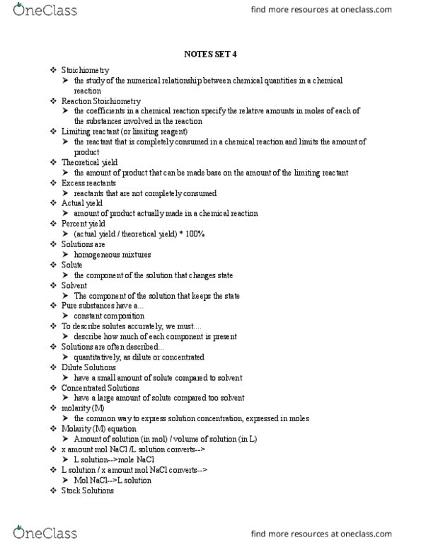 CHEM 1150 Lecture Notes - Lecture 4: Limiting Reagent, Stoichiometry, Molar Concentration thumbnail