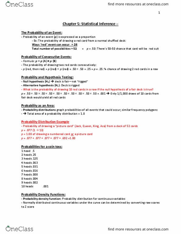 HSS 2381 Chapter Notes - Chapter 5: Probability Density Function, Null Hypothesis, Standard Score thumbnail