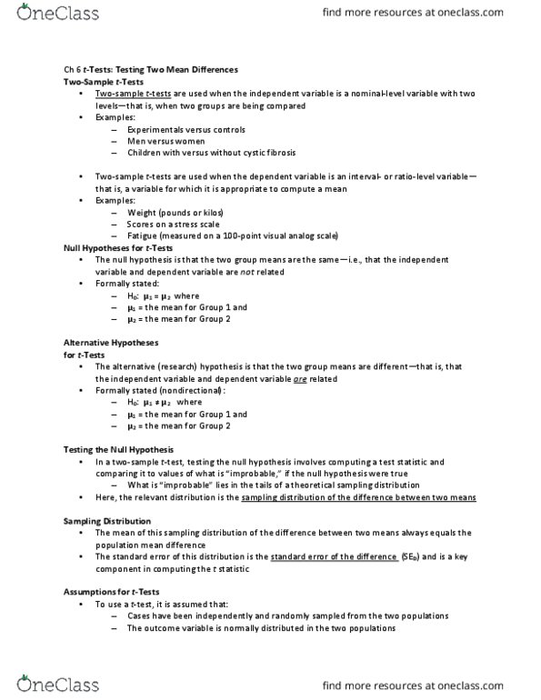 HSS 2381 Chapter Notes - Chapter 6: Visual Analogue Scale, Null Hypothesis, Sampling Distribution thumbnail