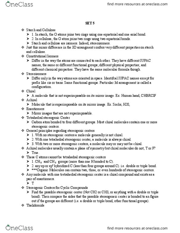 CHEM 2400 Lecture Notes - Lecture 5: Stereocenter, Enantiomer, Cellulose thumbnail