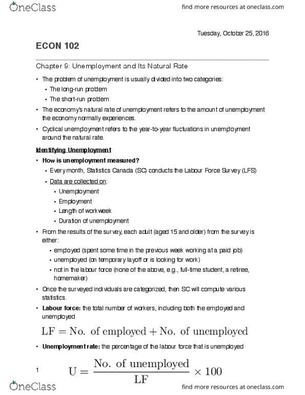 ECON 102 Lecture Notes - Lecture 9: Labour Force Survey, Unemployment Benefits, Root Mean Square thumbnail