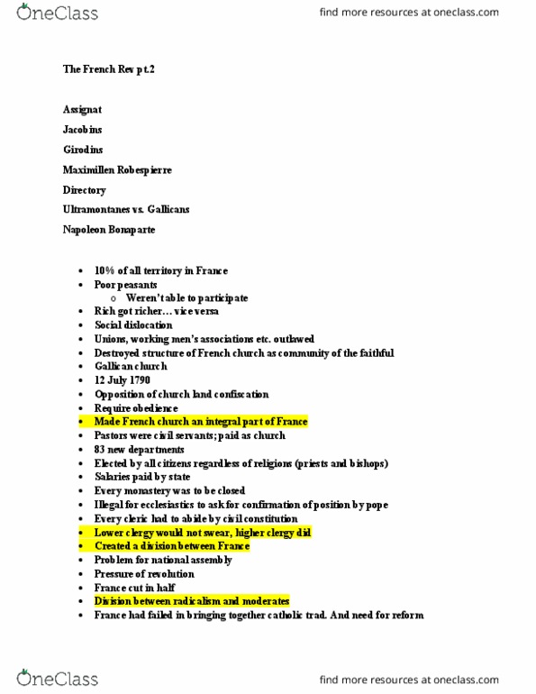 HIS109Y1 Lecture Notes - Lecture 23: Gallican Church, Assignat, Ultramontanism thumbnail