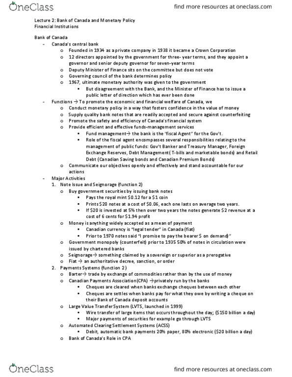 BUSI 3410U Lecture Notes - Lecture 2: Payments Canada, Seigniorage, Landing Vehicle Tracked thumbnail