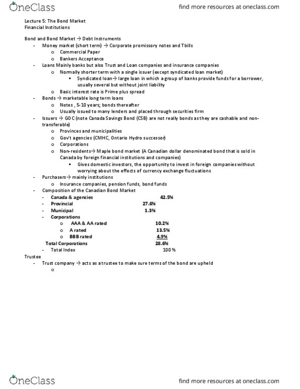 BUSI 3410U Lecture Notes - Lecture 5: Canada Savings Bond, Syndicated Loan, Trust Company thumbnail