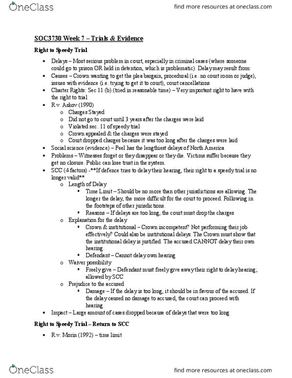 SOC 3750 Lecture Notes - Lecture 7: Reasonable Time, Provincial And Territorial Courts In Canada, Summary Offence thumbnail