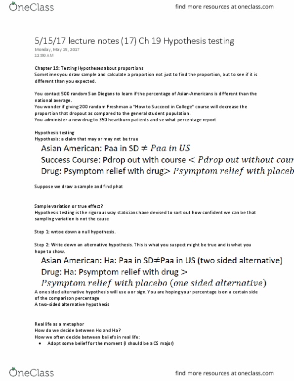 MATH 11 Lecture Notes - Lecture 17: Null Hypothesis, Statistical Hypothesis Testing, Probability Distribution thumbnail