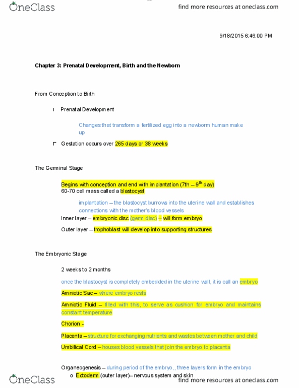 PSYC 2250 Lecture Notes - Lecture 13: Blastocyst, Prenatal Development, Trophoblast thumbnail