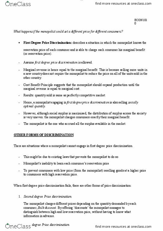 ECON 1010 Chapter Notes - Chapter 4: Reservation Price, Price Discrimination, Marginal Revenue thumbnail