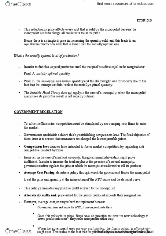 ECON 1010 Chapter Notes - Chapter 4: Competition Law, Deadweight Loss, Natural Monopoly thumbnail