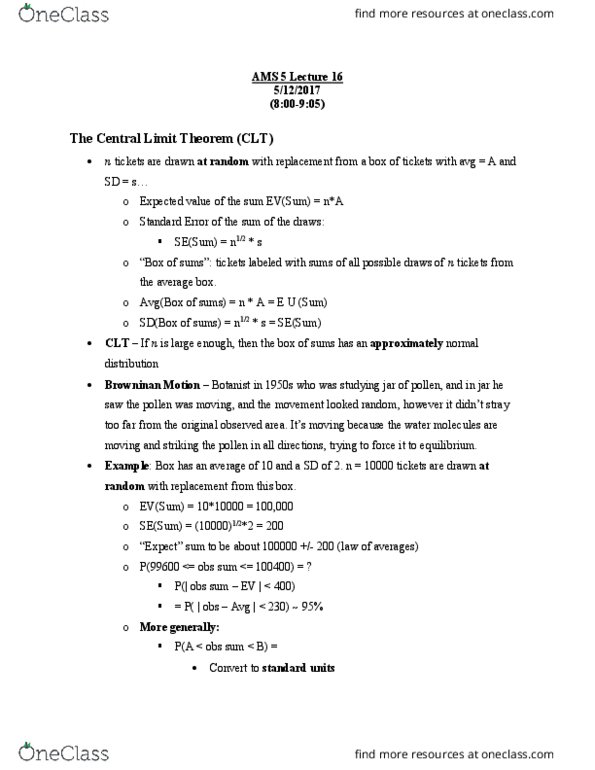 AMS 5 Lecture Notes - Lecture 16: Central Limit Theorem thumbnail