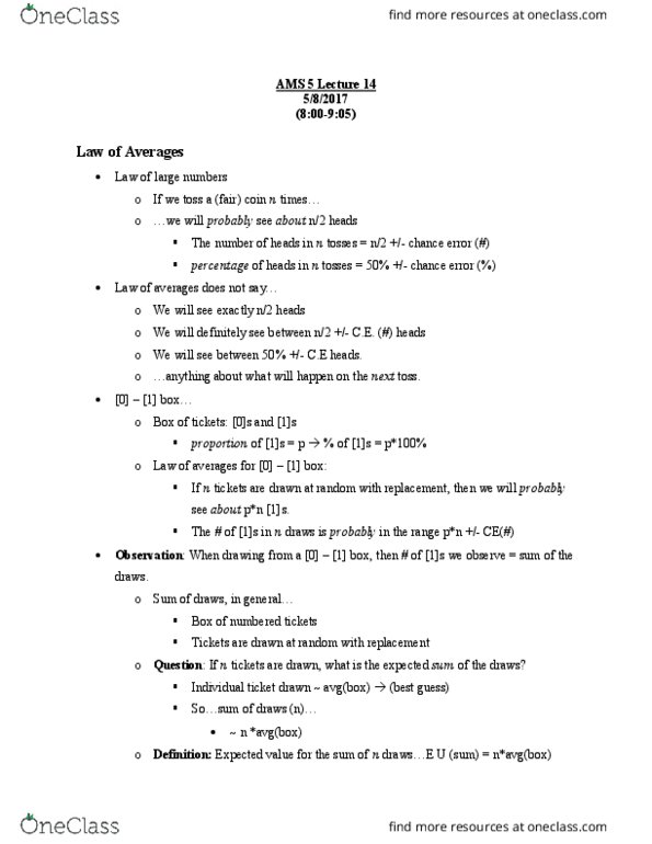 AMS 5 Lecture Notes - Lecture 14: Fair Coin thumbnail