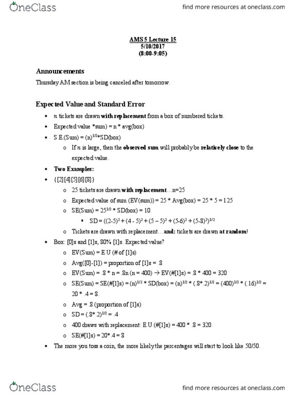 AMS 5 Lecture 15: Class 15 - Expected Value and Standard Error thumbnail