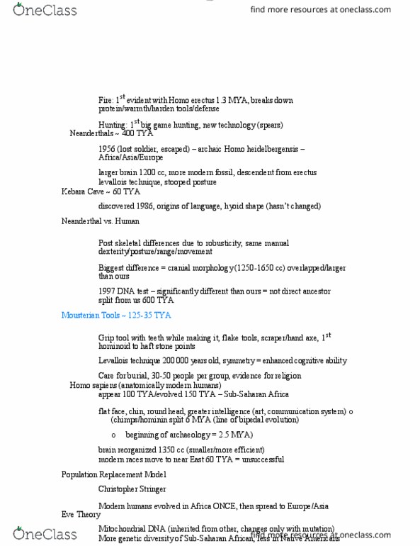 ANTH 1220 Chapter Notes - Chapter 2: Kebara Cave, Homo Heidelbergensis, Homo Erectus thumbnail