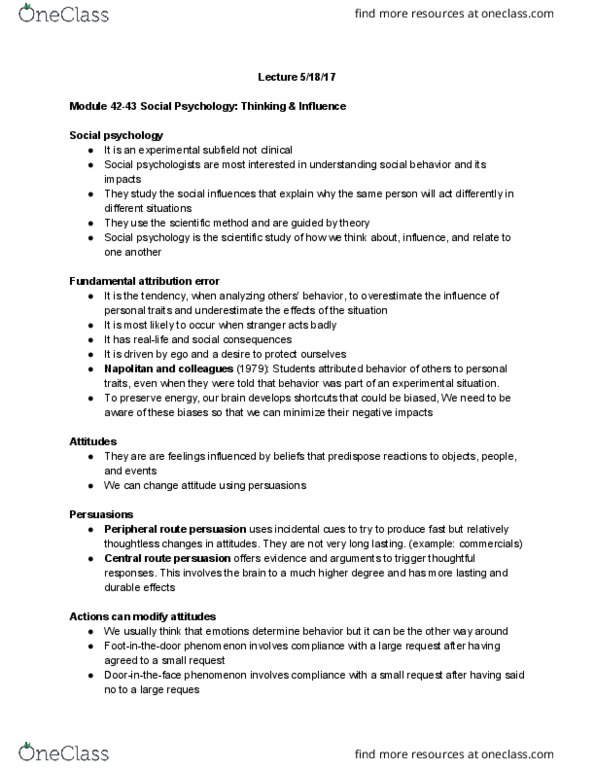 PSYCH 10 Lecture Notes - Lecture 10: Fundamental Attribution Error, Scientific Method, Solomon Asch thumbnail