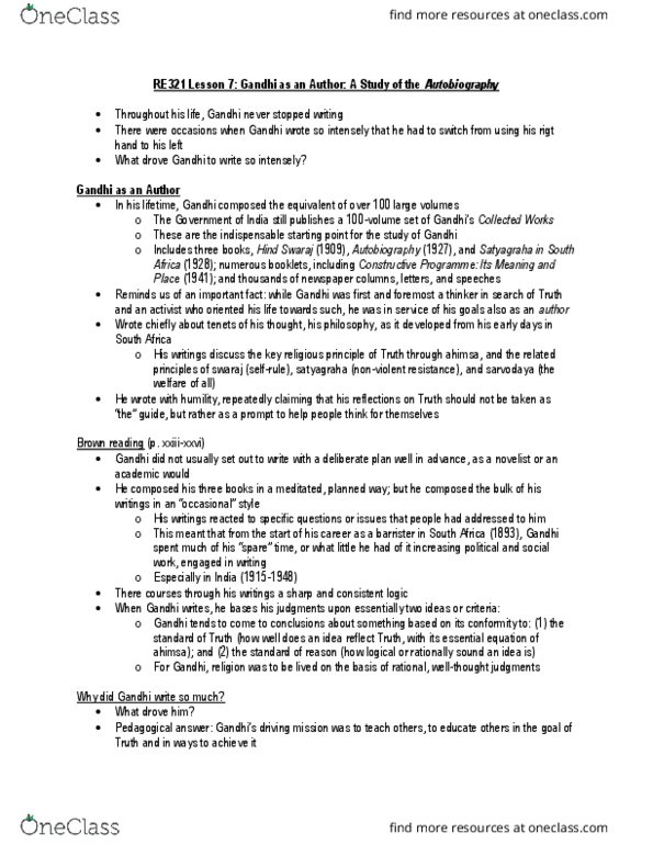 RE321 Lecture Notes - Lecture 7: Hind Swaraj Or Indian Home Rule, Swaraj, Sarvodaya thumbnail