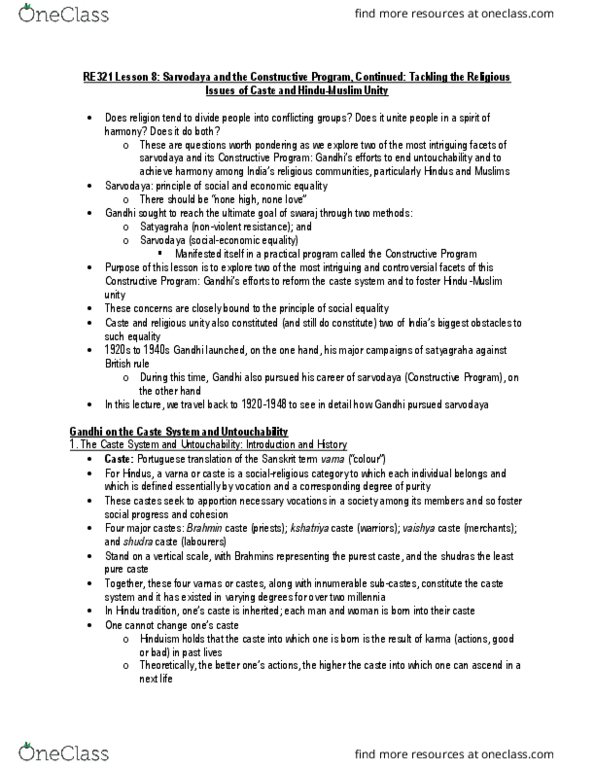 RE321 Lecture Notes - Lecture 8: Sarvodaya, Shudra, Swaraj thumbnail