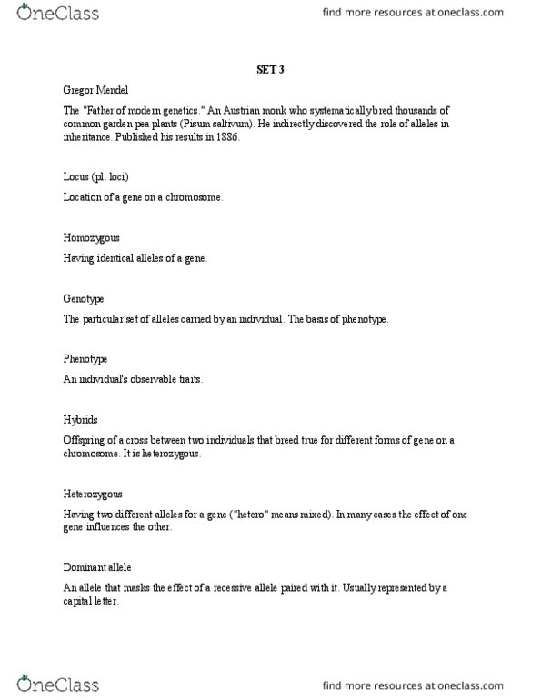 BIOL 1510 Lecture Notes - Lecture 3: Gregor Mendel, Pea, Pisum thumbnail