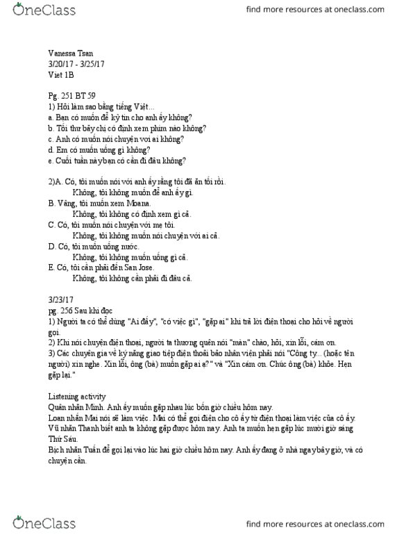 Class Notes For Vietnamese At University Of California Berkeley Ucb Oneclass