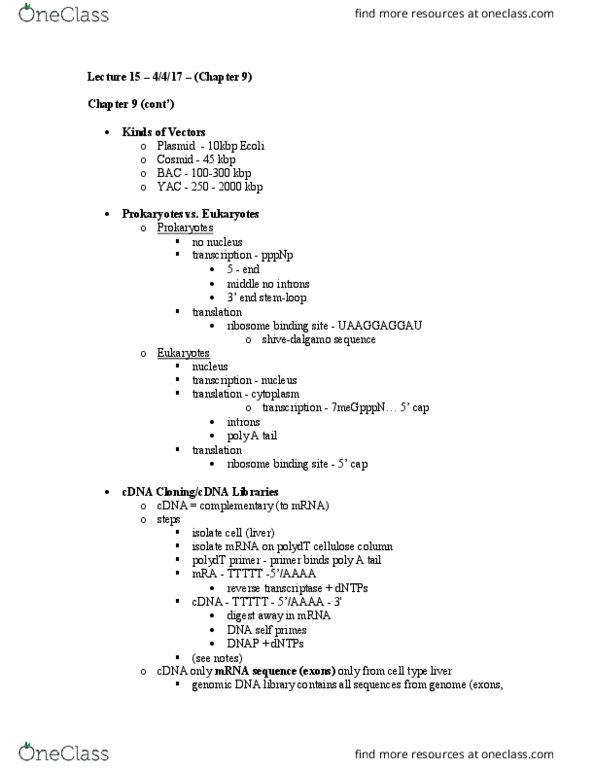 CAS BI 216 Lecture Notes - Lecture 15: Reverse Transcriptase, Cosmid, Intron thumbnail