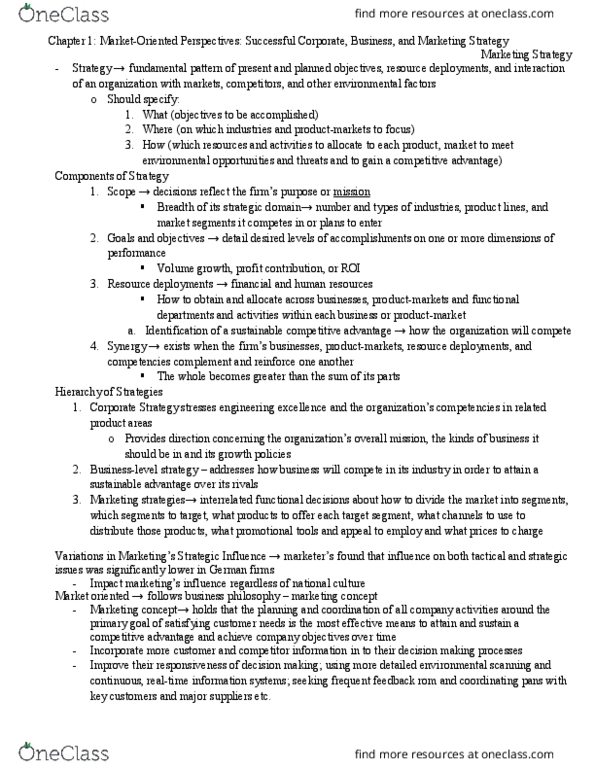 BUSI 4220U Chapter Notes - Chapter 1: Marketing Strategy, Customer Relationship Management, Target Market thumbnail