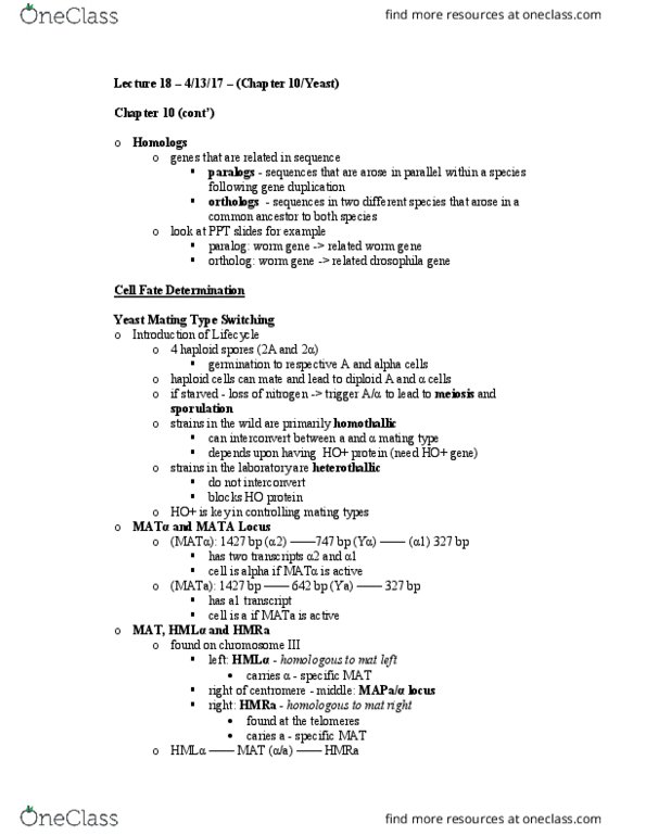 CAS BI 213 Lecture Notes - Lecture 18: Homothallism, Heterothallic, Gene Duplication thumbnail