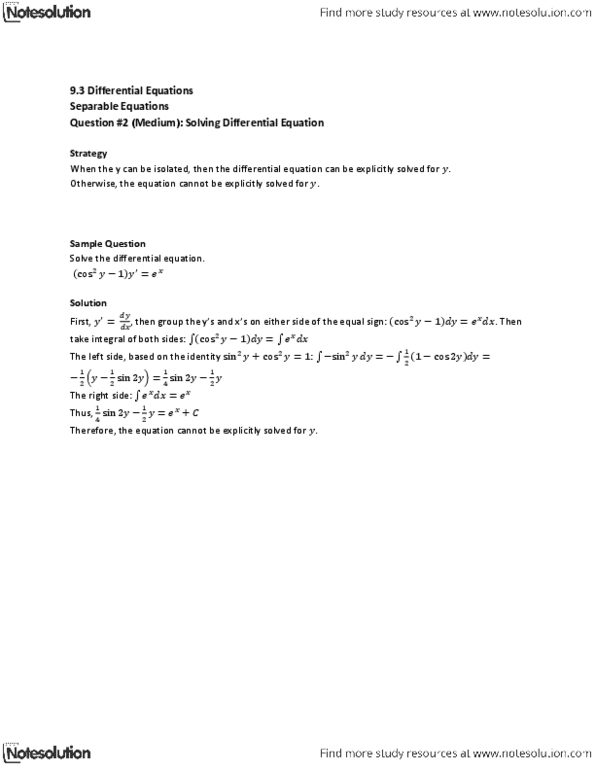 MAT136H1 Lecture : 9.3 Separable Equations Question #2 (Medium) thumbnail