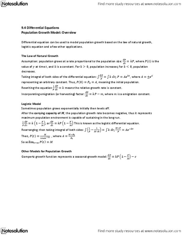 MAT136H1 Lecture Notes - Relative Growth Rate, Logistic Function, Differential Equation thumbnail