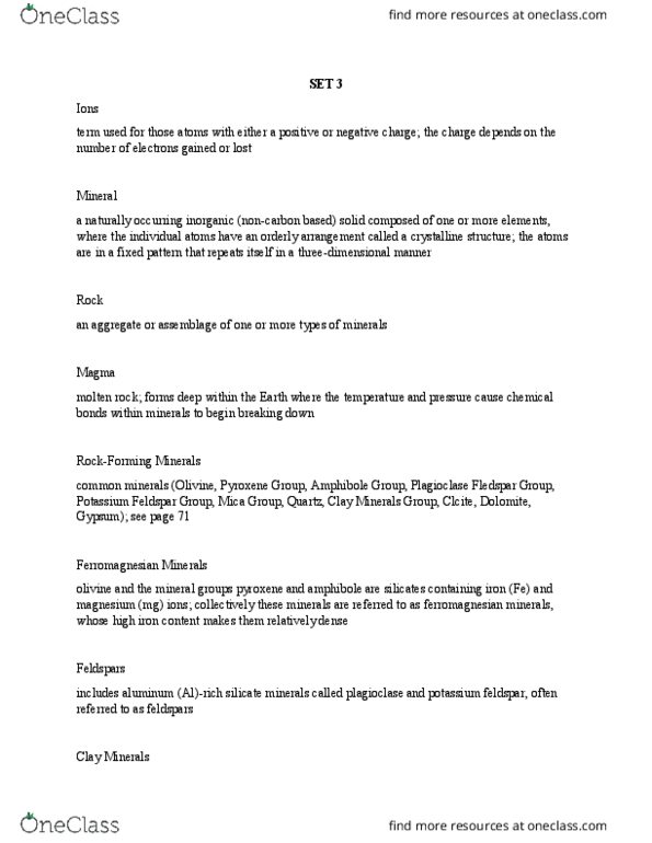 ENVS 3000 Lecture Notes - Lecture 3: Silicate Minerals, Clay Minerals, Mafic thumbnail