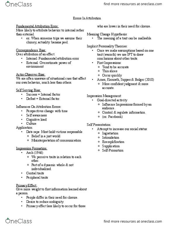 PSY 315 Lecture Notes - Lecture 6: Fundamental Attribution Error, Cognitive Load, Self-Awareness thumbnail